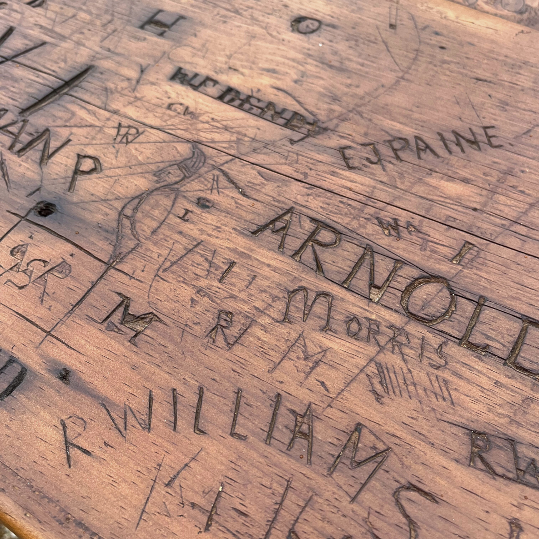 Antique Salvaged Console Table With Carved Workers Marks