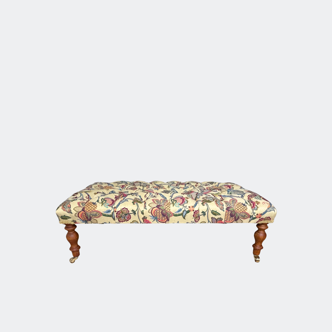 Handmade Jacobean Floral Footstool - English Buttoned Ottoman
