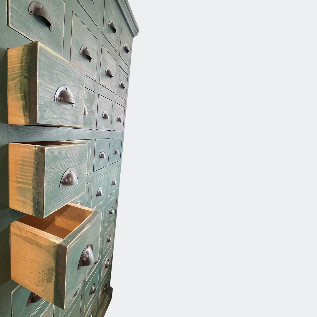 36 Drawer Pine Storage Cabinet - Handmade Green Apothecary Chest