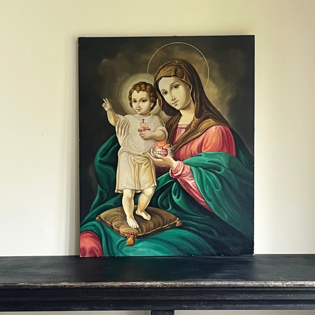 Vintage Sacred Heart Madonna and Child Oil Painting 1953