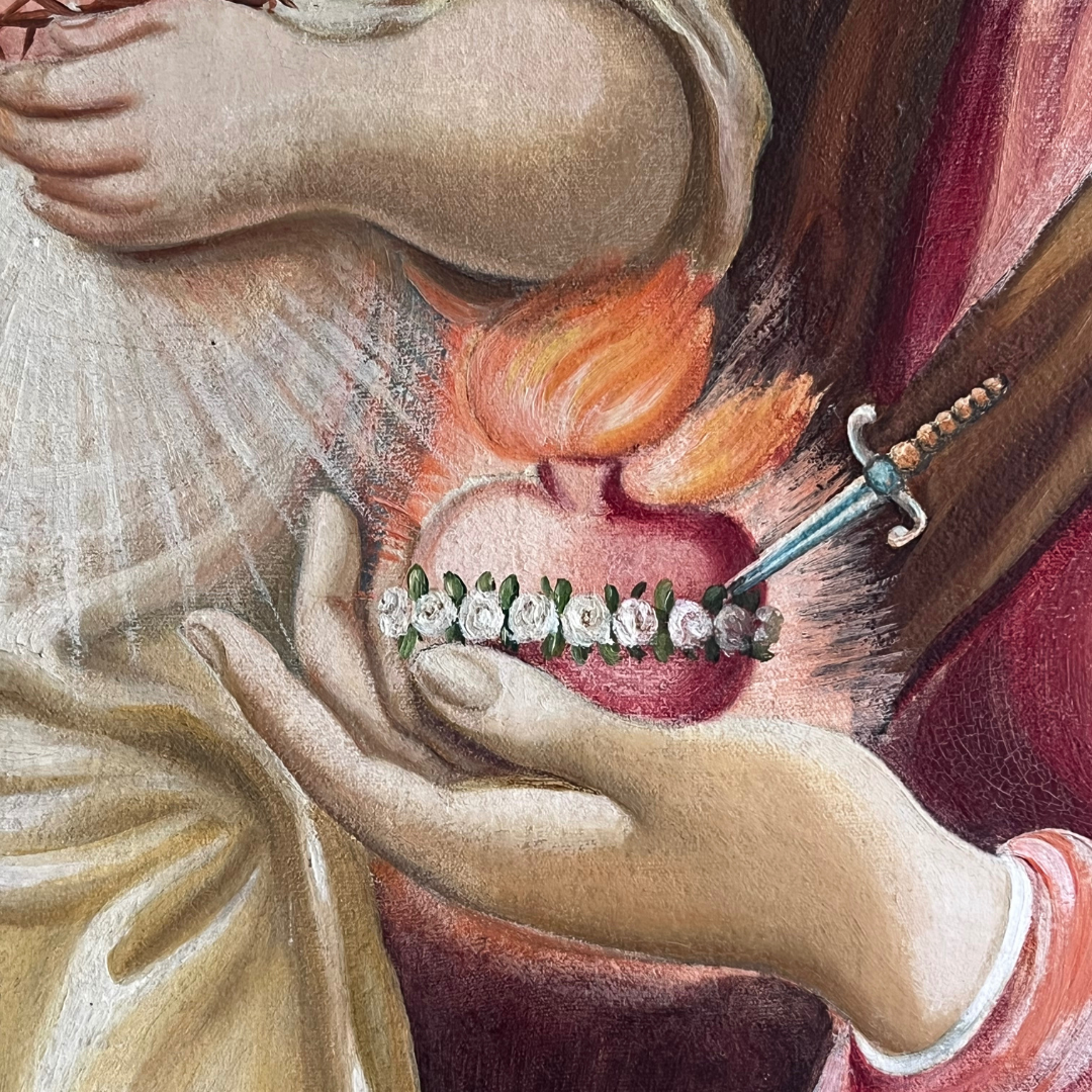 Vintage Sacred Heart Madonna and Child Oil Painting 1953