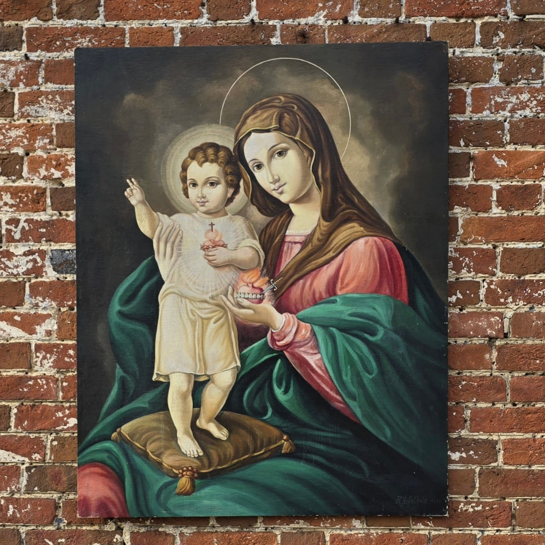 Vintage Sacred Heart Madonna and Child Oil Painting 1953