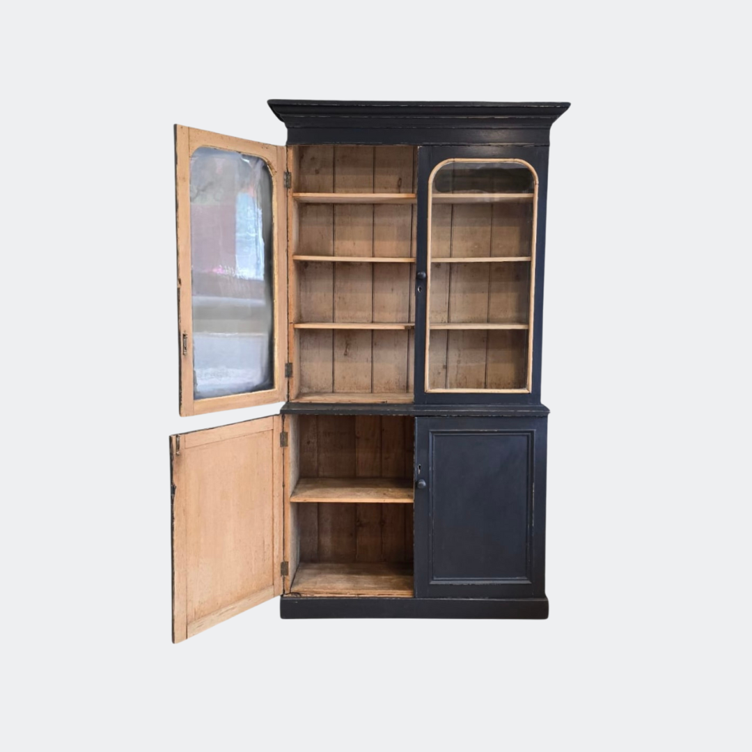 French Antique Painted Black Pine Glazed Display Cupboard