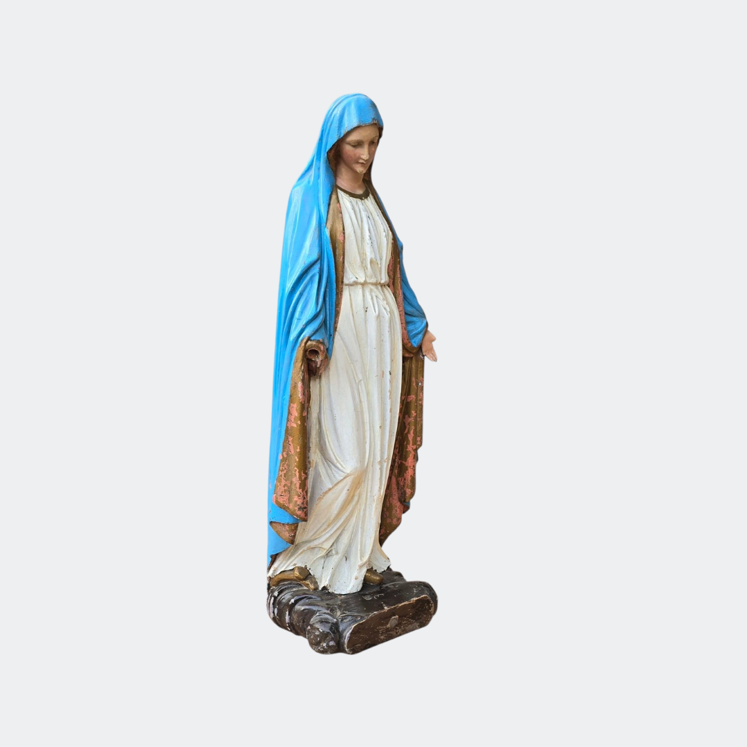 Antique Hand-Painted Madonna Statue with French Church Pedestal, circa 1890s