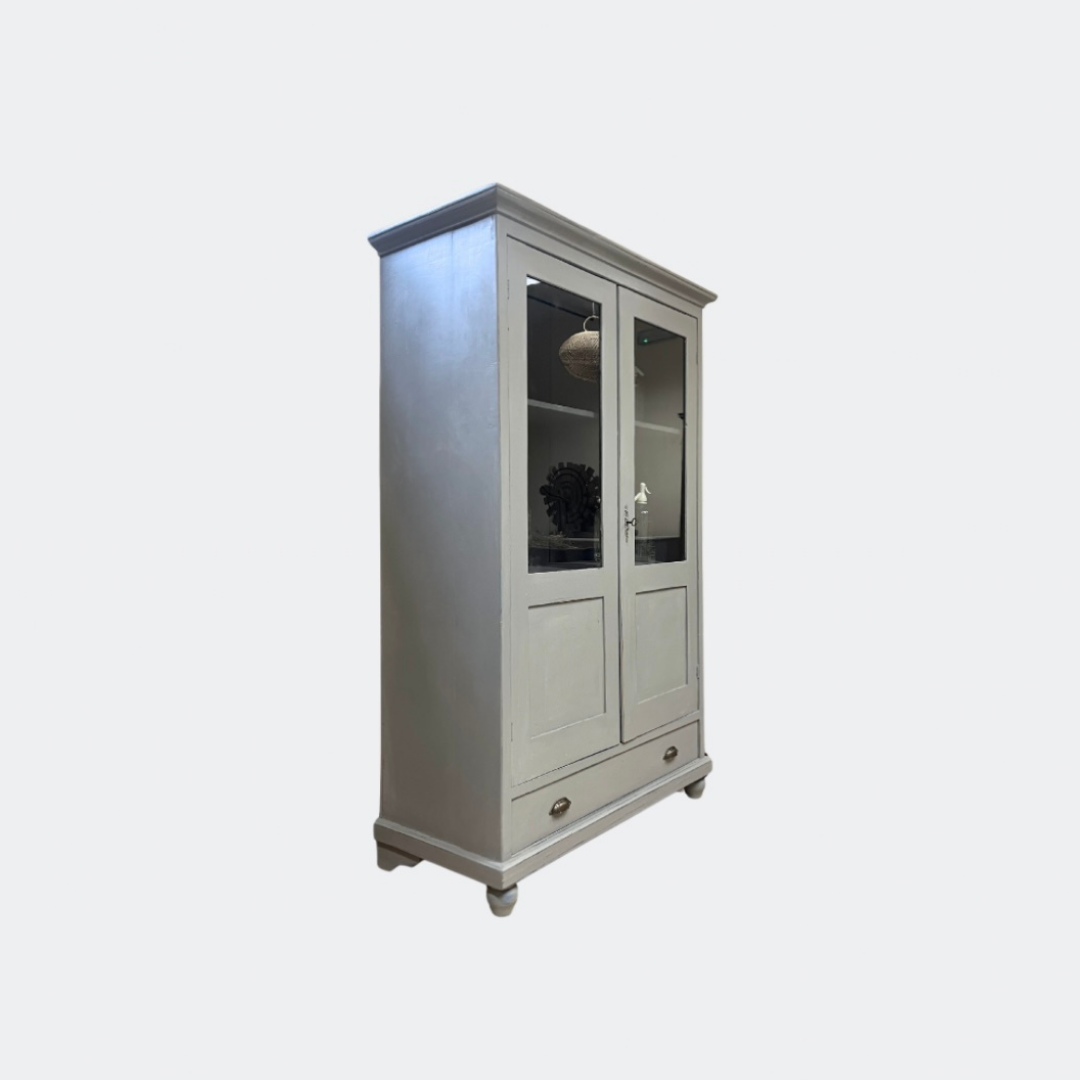 Vintage Grey Display Cabinet with Glass Doors