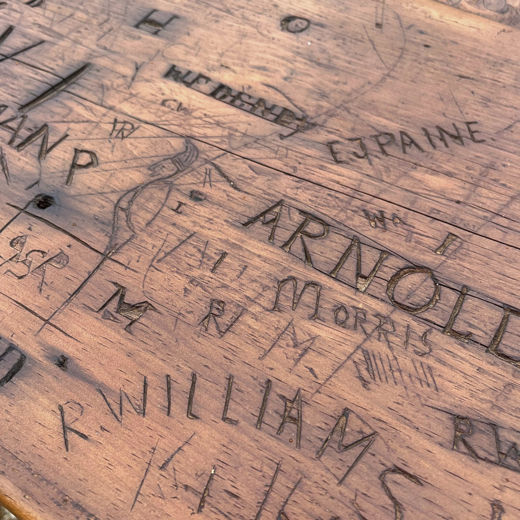 Antique Salvaged Console Table With Carved Workers Marks