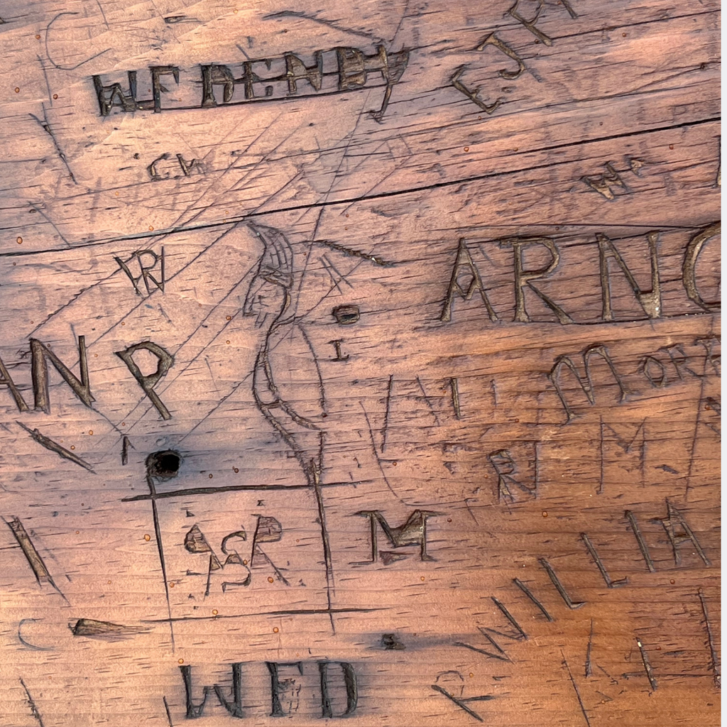 Antique Salvaged Console Table With Carved Workers Marks