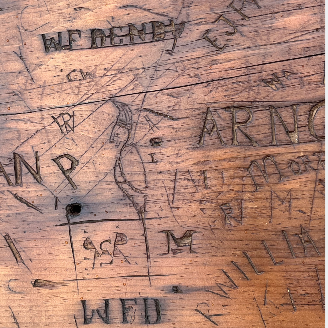 Antique Factory Console Table With Carved Workers Marks