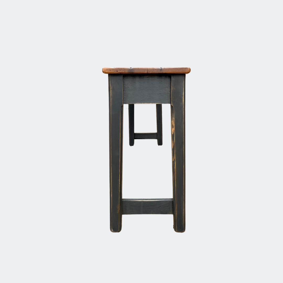 Antique Factory Console Table With Carved Workers Marks