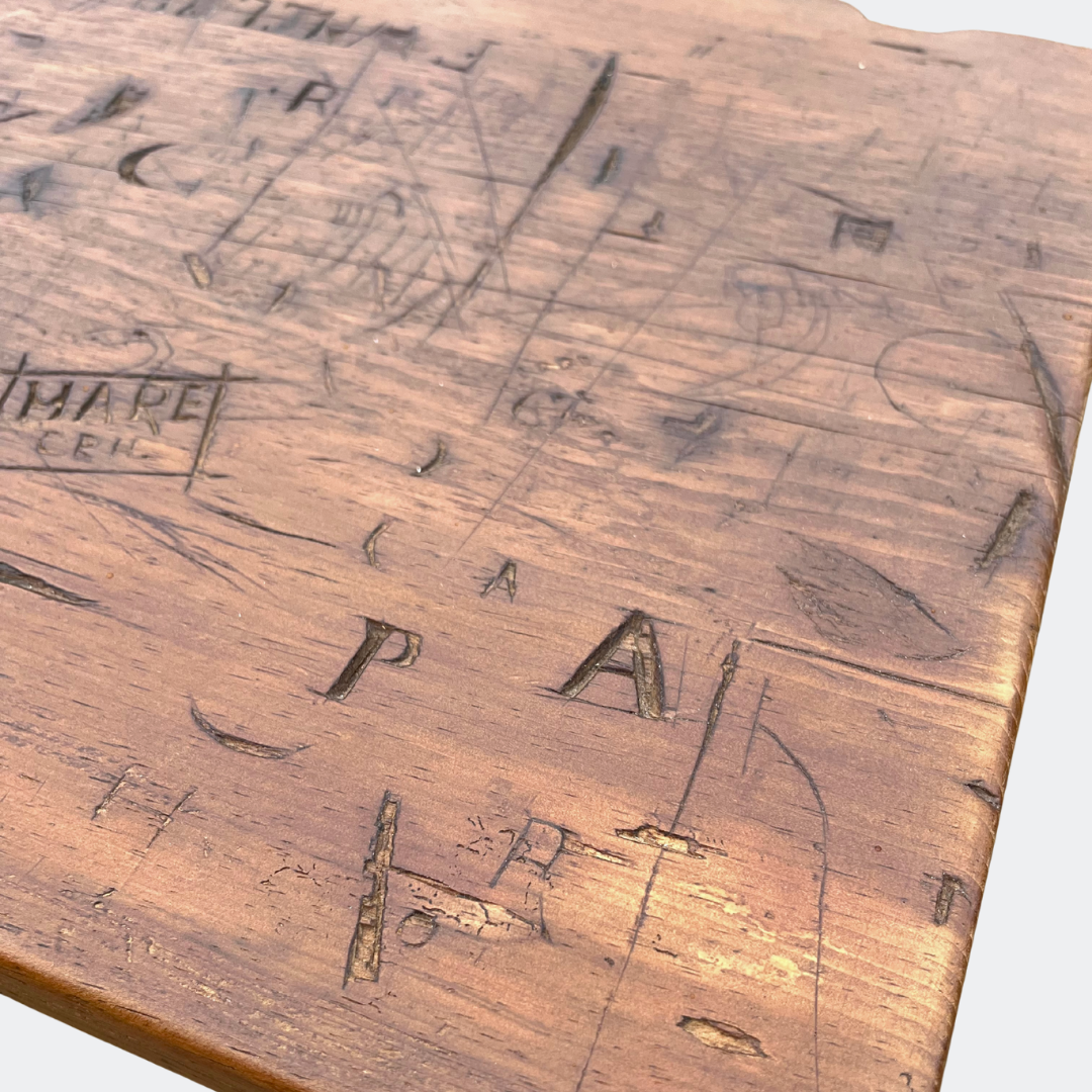 Antique Factory Console Table With Carved Workers Marks