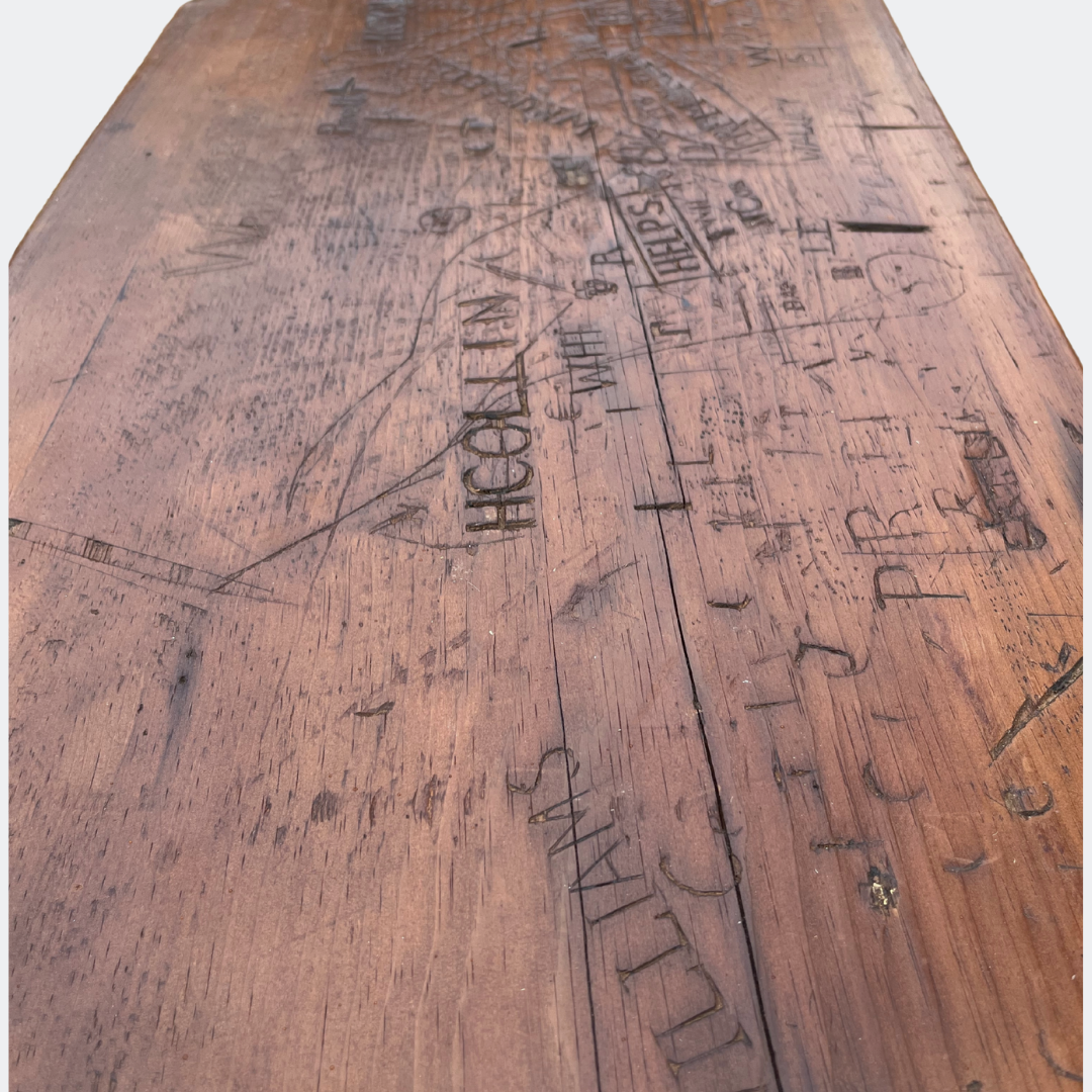 Antique Factory Console Table With Carved Workers Marks