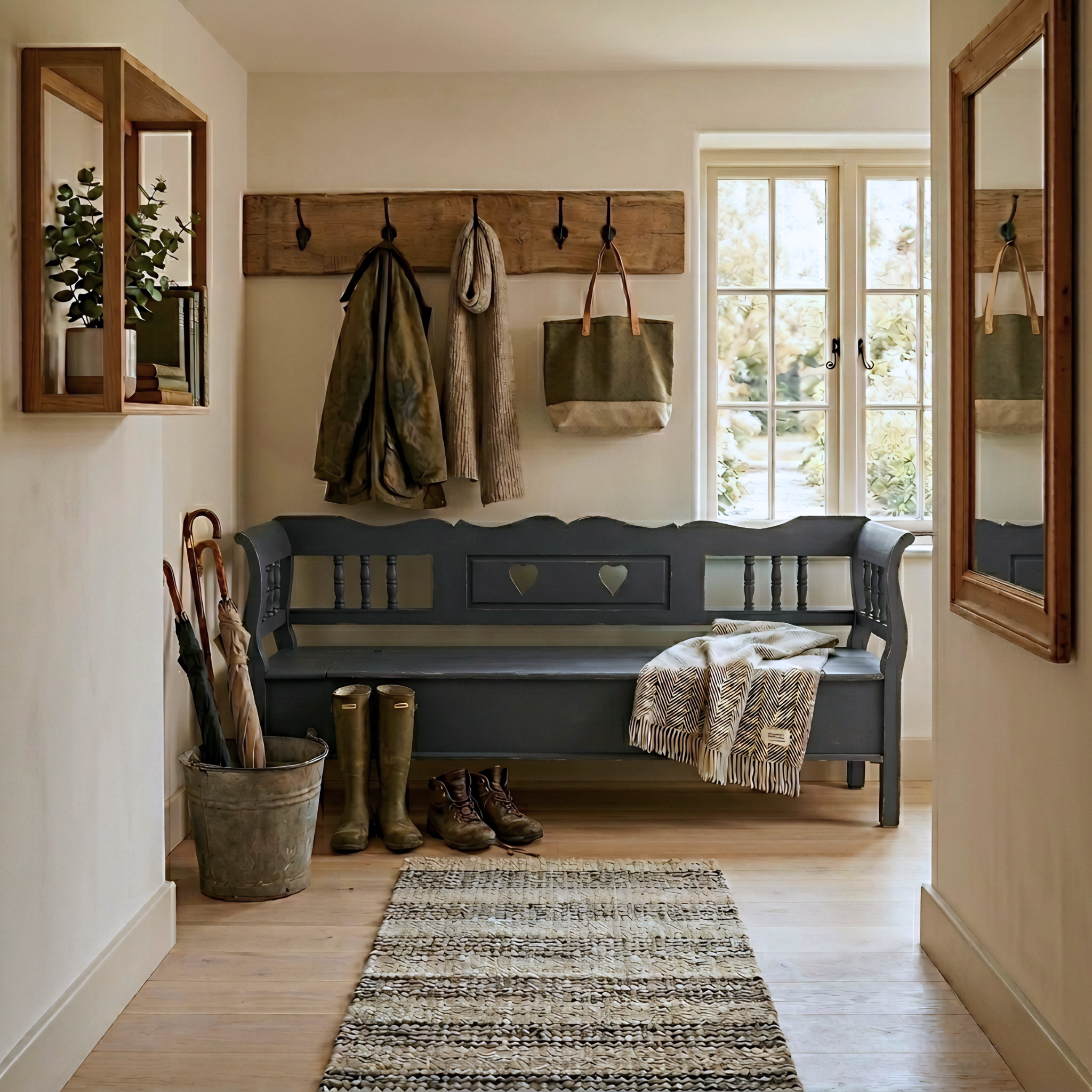Heirloom-quality Dutch monks bench with storage in English country hallway interior, handmade solid pine, This Country Home Ockley Surrey