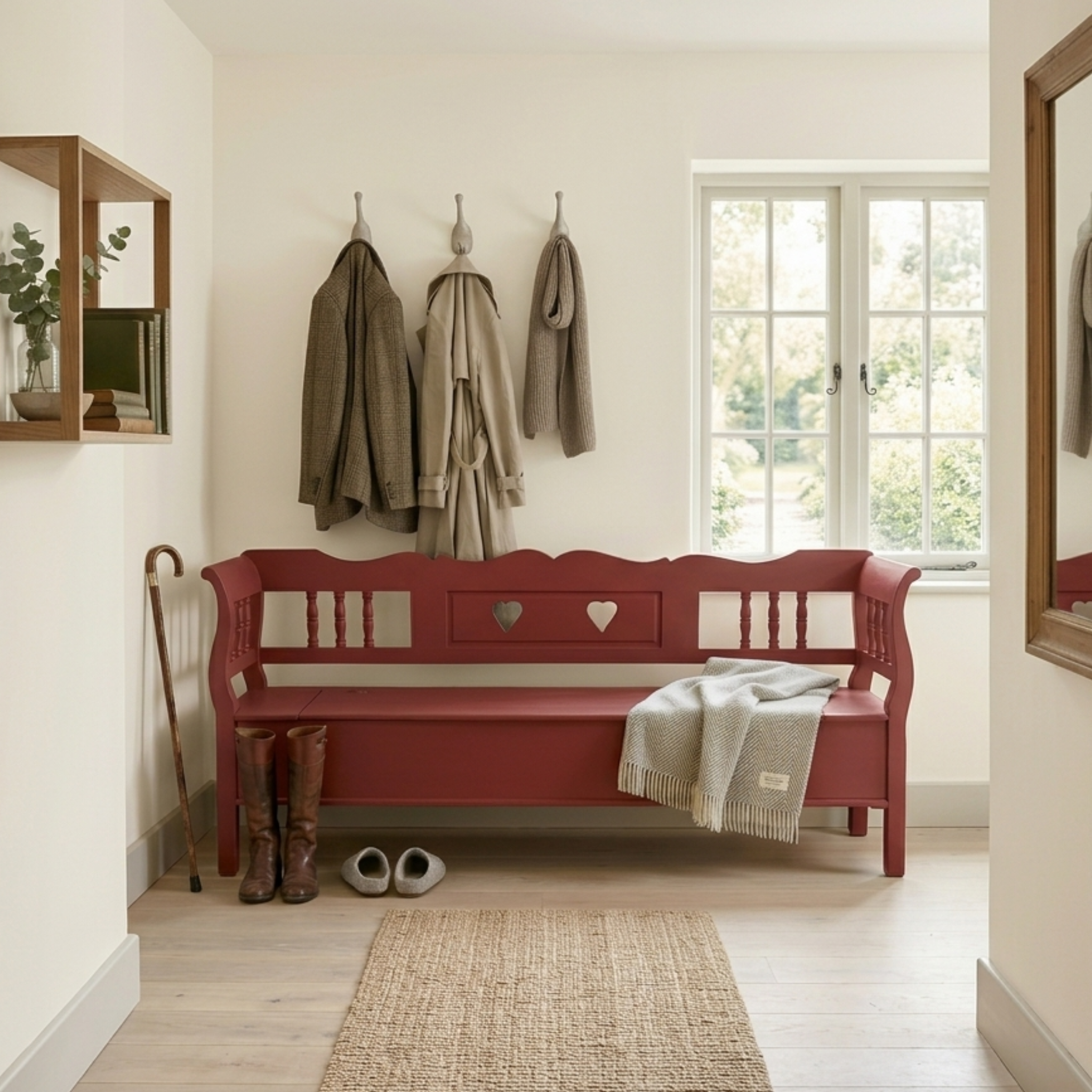 Heirloom-quality Dutch monks bench with storage in English country hallway interior, handmade solid pine, This Country Home Ockley Surrey