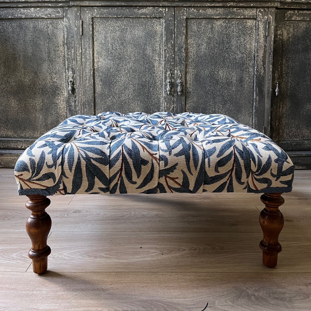 Handmade William Morris Willow Bough Blue Square Footstool