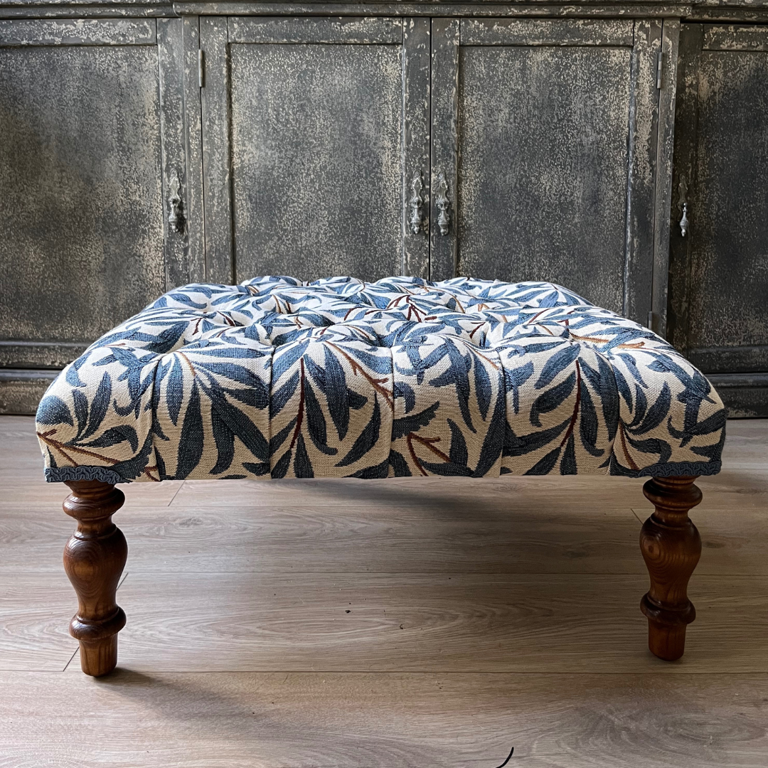 Handmade William Morris Willow Bough Blue Square Footstool