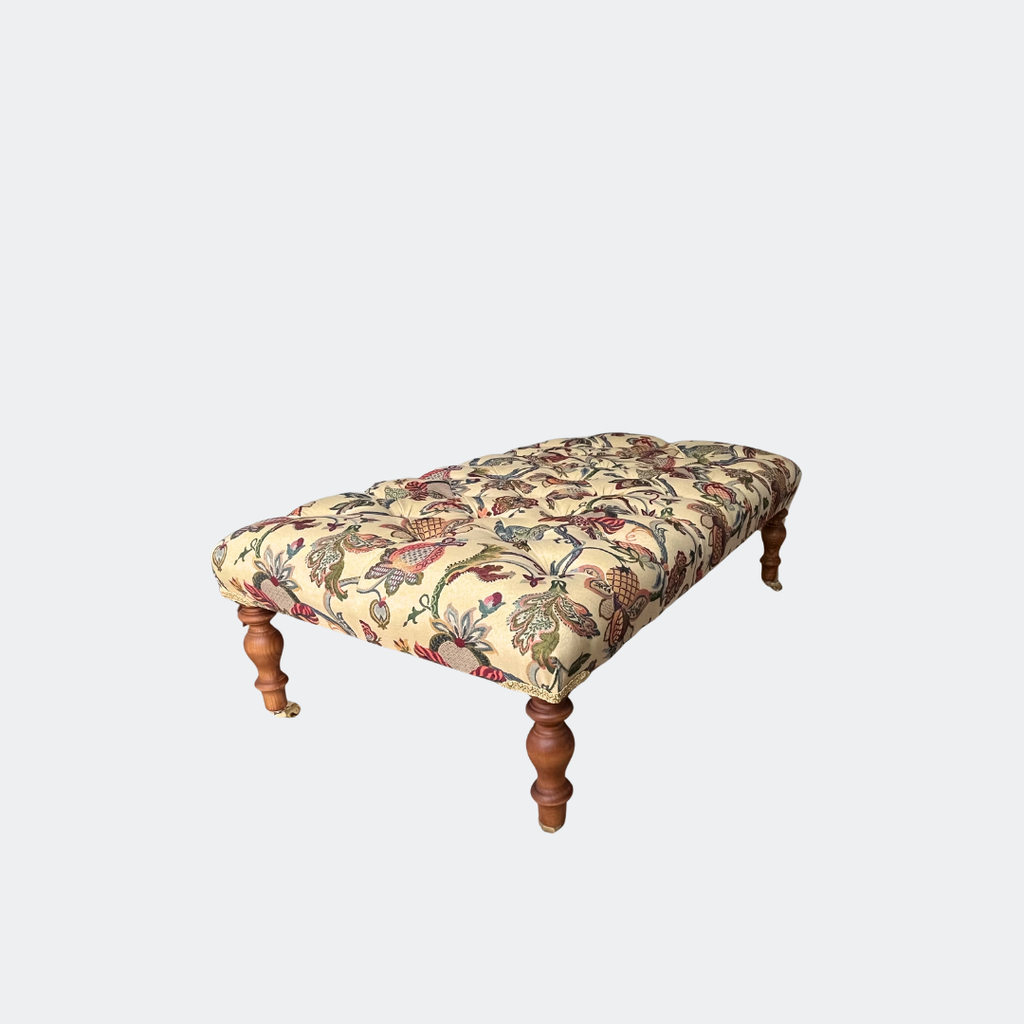 Handmade Jacobean Floral Footstool - English Buttoned Ottoman
