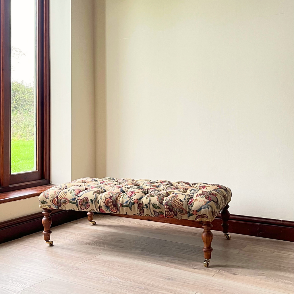 Handmade Jacobean Floral Footstool - English Buttoned Ottoman