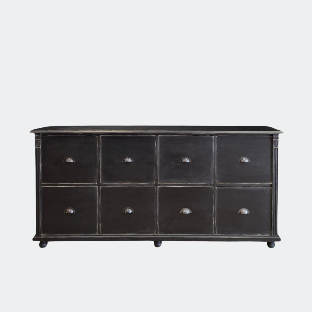 Distressed Black Wood Chest of Drawers | 8-Drawer Farmhouse Storage Unit