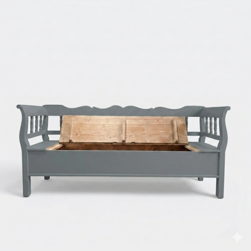 Deep hidden storage compartment under lift-up seat of handmade Dutch solid pine settle bench, ideal hallway or boot room storage