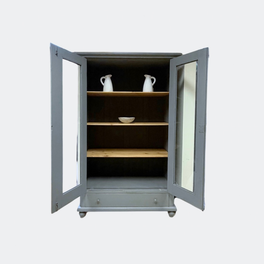 Solid reclaimed pine interior shelving with natural grain, vintage grey glazed country cupboard, ideal for ceramics and glassware