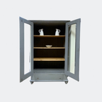 Solid reclaimed pine interior shelving with natural grain, vintage grey glazed country cupboard, ideal for ceramics and glassware