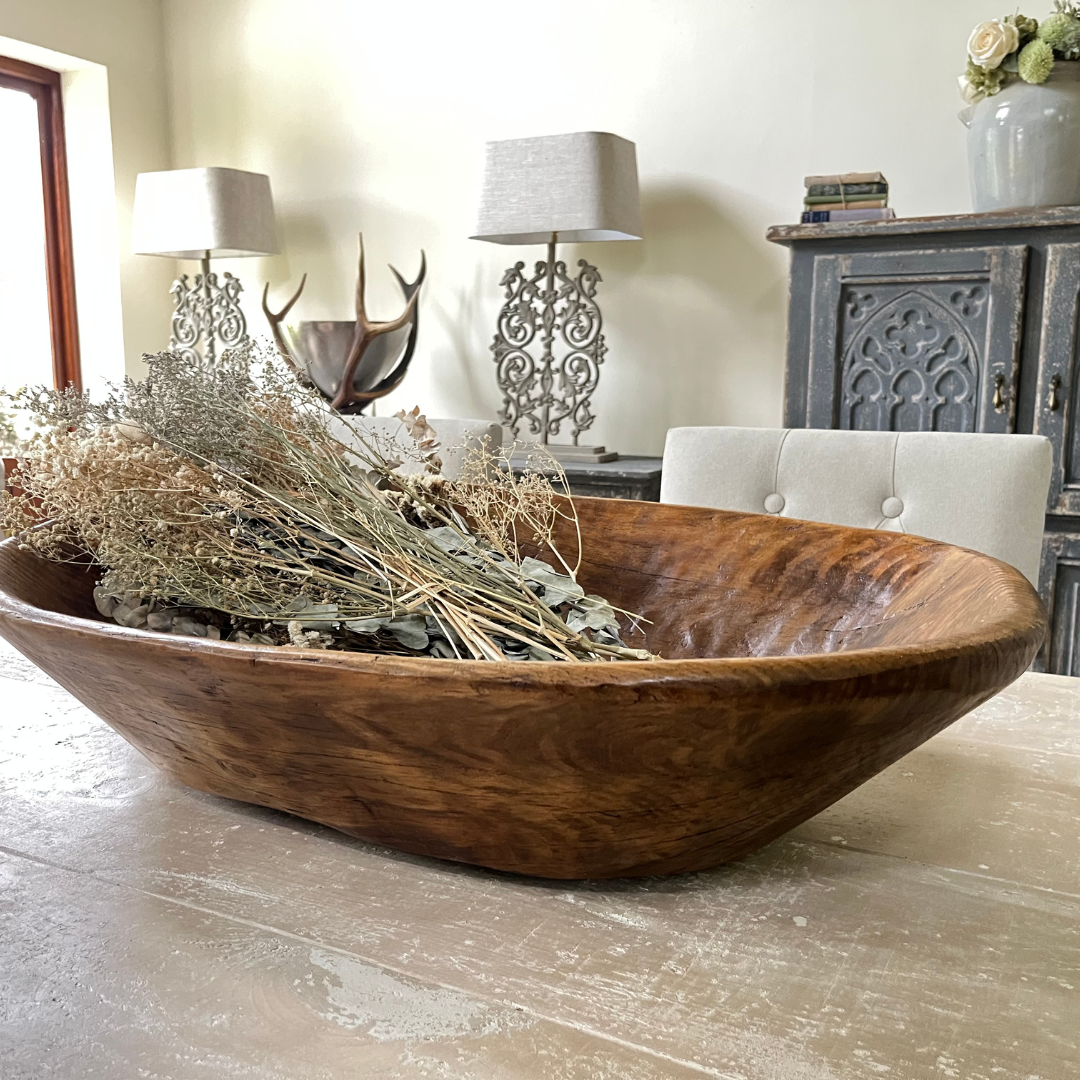 Hand-Carved Rustic Wooden Decorative Bowl - Single Piece Farmhouse Treenware