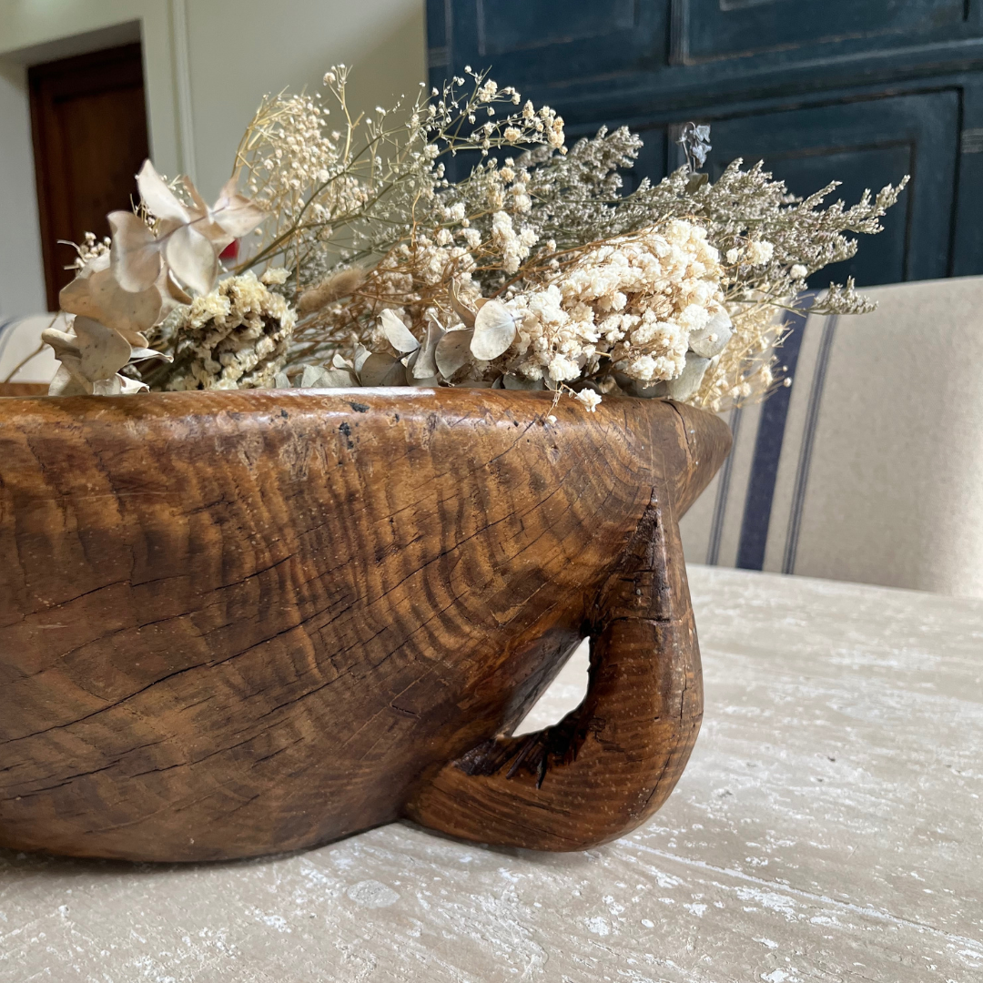 Hand-Carved Rustic Wooden Decorative Bowl - Single Piece Farmhouse Treenware