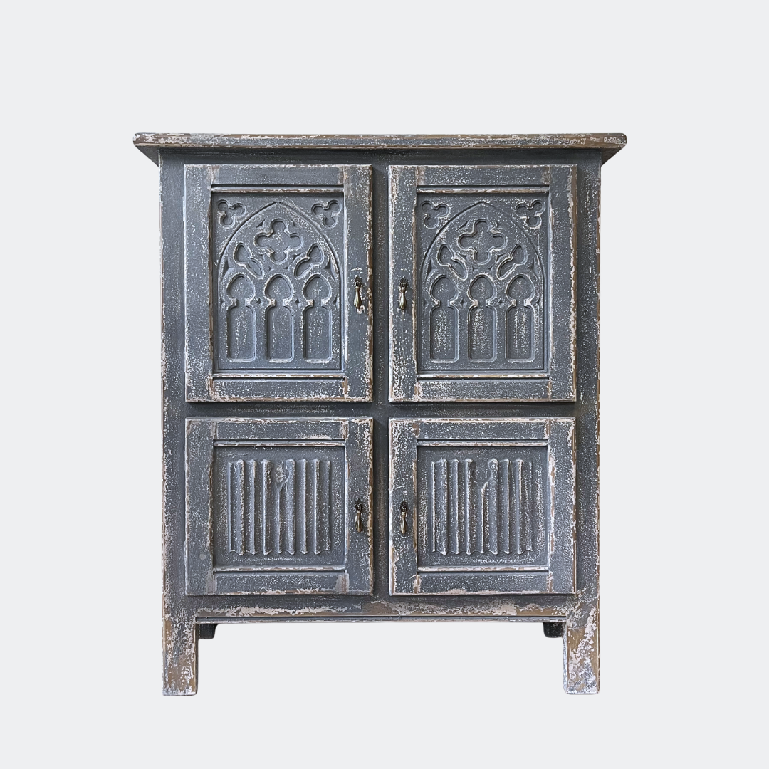 Distressed Grey Carved Wood Cabinet | Vintage Gothic Style