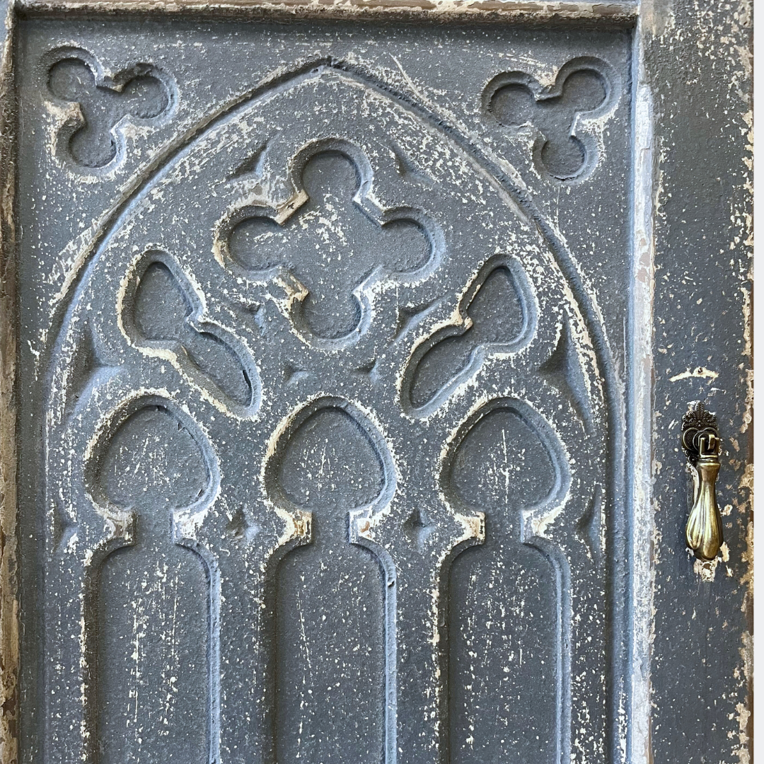 Distressed Grey Carved Wood Cabinet | Vintage Gothic Style