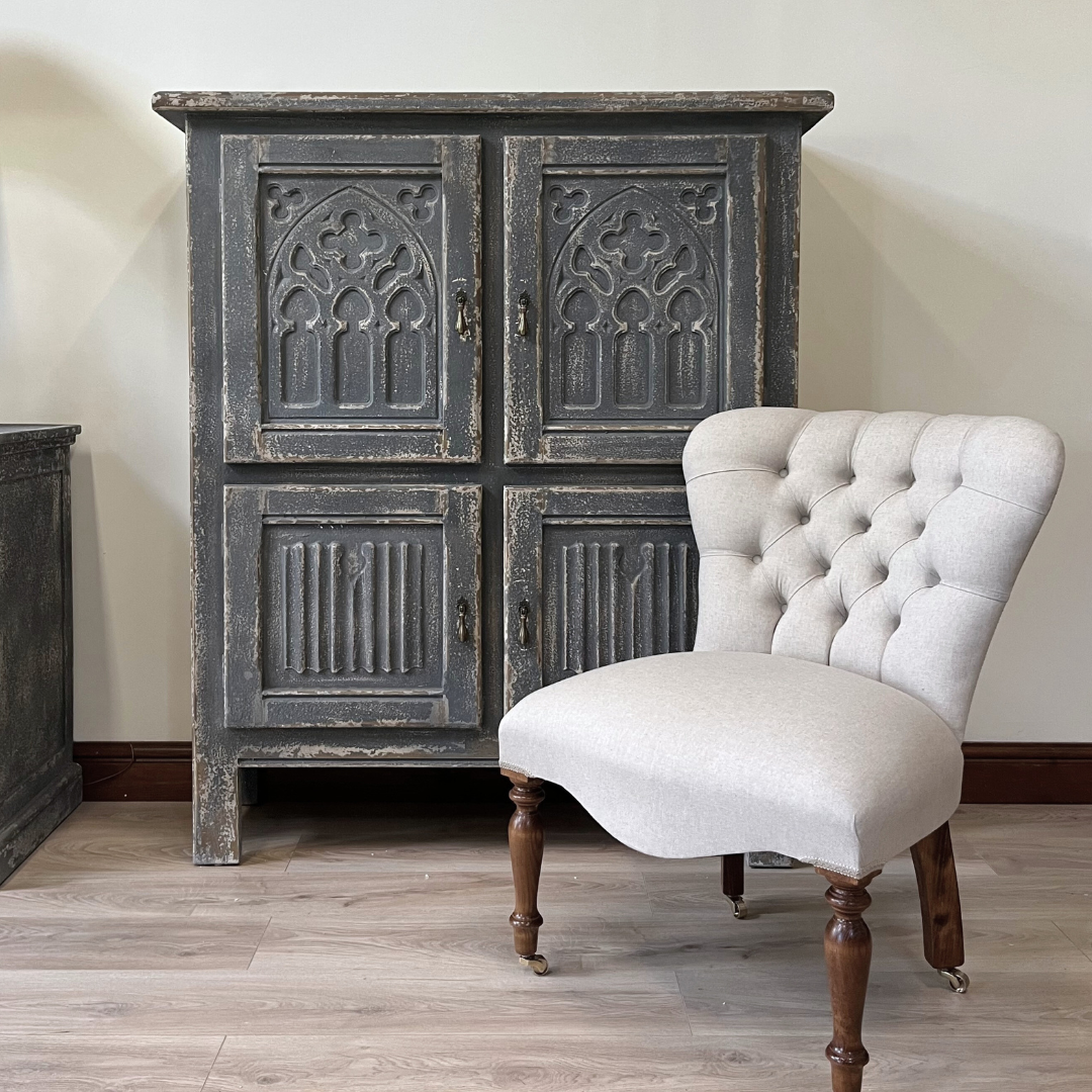 Distressed Grey Carved Wood Cabinet | Vintage Gothic Style
