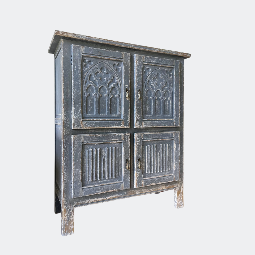 Distressed Grey Carved Wood Cabinet | Vintage Gothic Style
