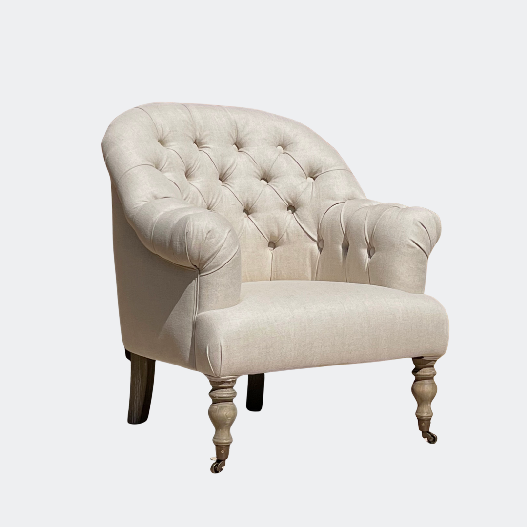 Country Home Button Linen Armchair with Castors