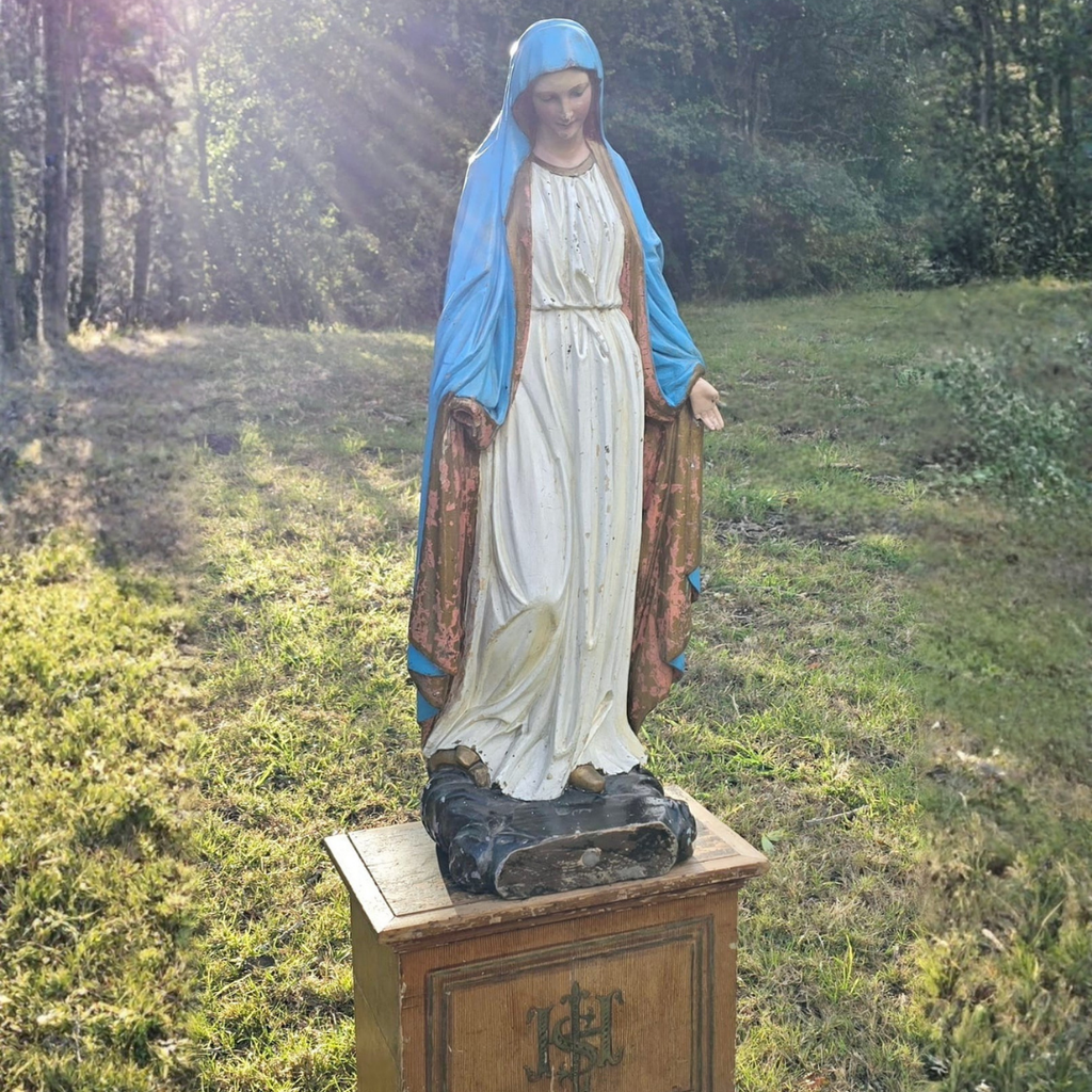 Antique Hand-Painted Madonna Statue with French Church Pedestal, circa 1890s