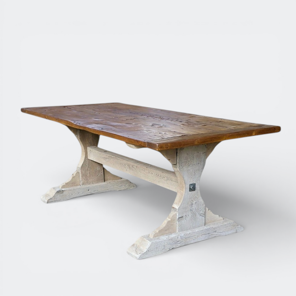 Ashford reclaimed antique pine dining table with hand-carved pedestal base and 4cm thick solid antique wood top.