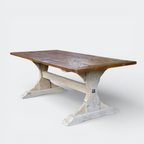 Ashford reclaimed antique pine dining table with hand-carved pedestal base and 4cm thick solid antique wood top.