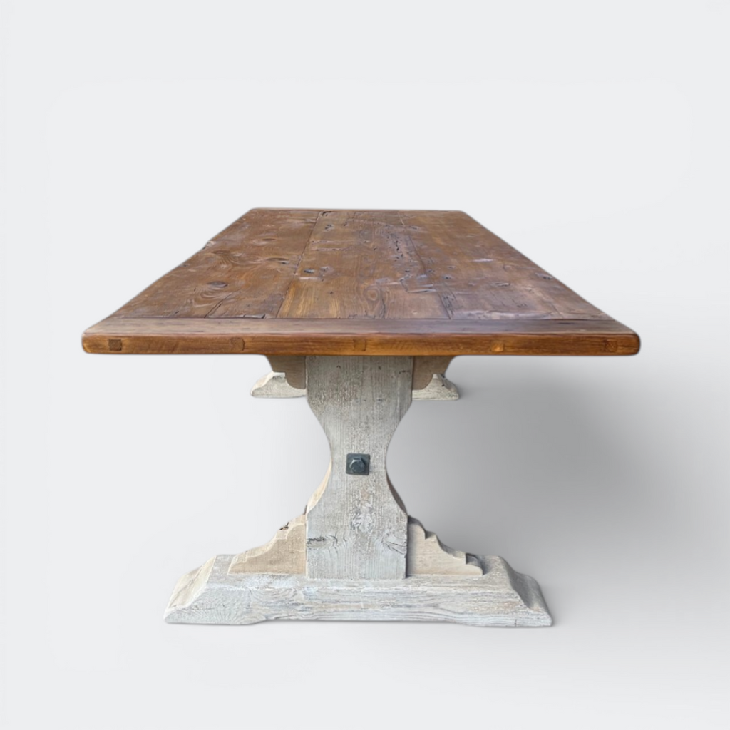 Ashford reclaimed antique pine dining table with hand-carved pedestal base and 4cm thick solid antique wood top.