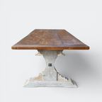 Ashford reclaimed antique pine dining table with hand-carved pedestal base and 4cm thick solid antique wood top.