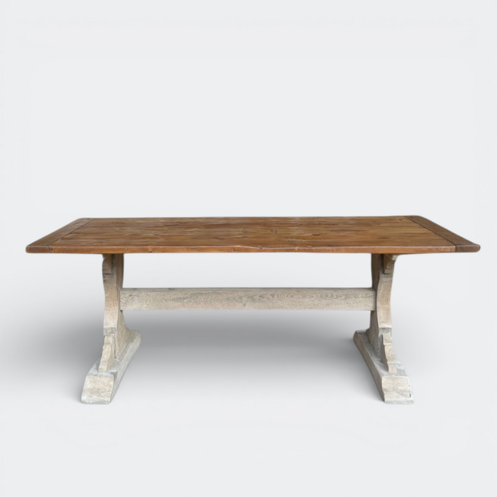 Ashford reclaimed antique pine dining table with hand-carved pedestal base and 4cm thick solid antique wood top.