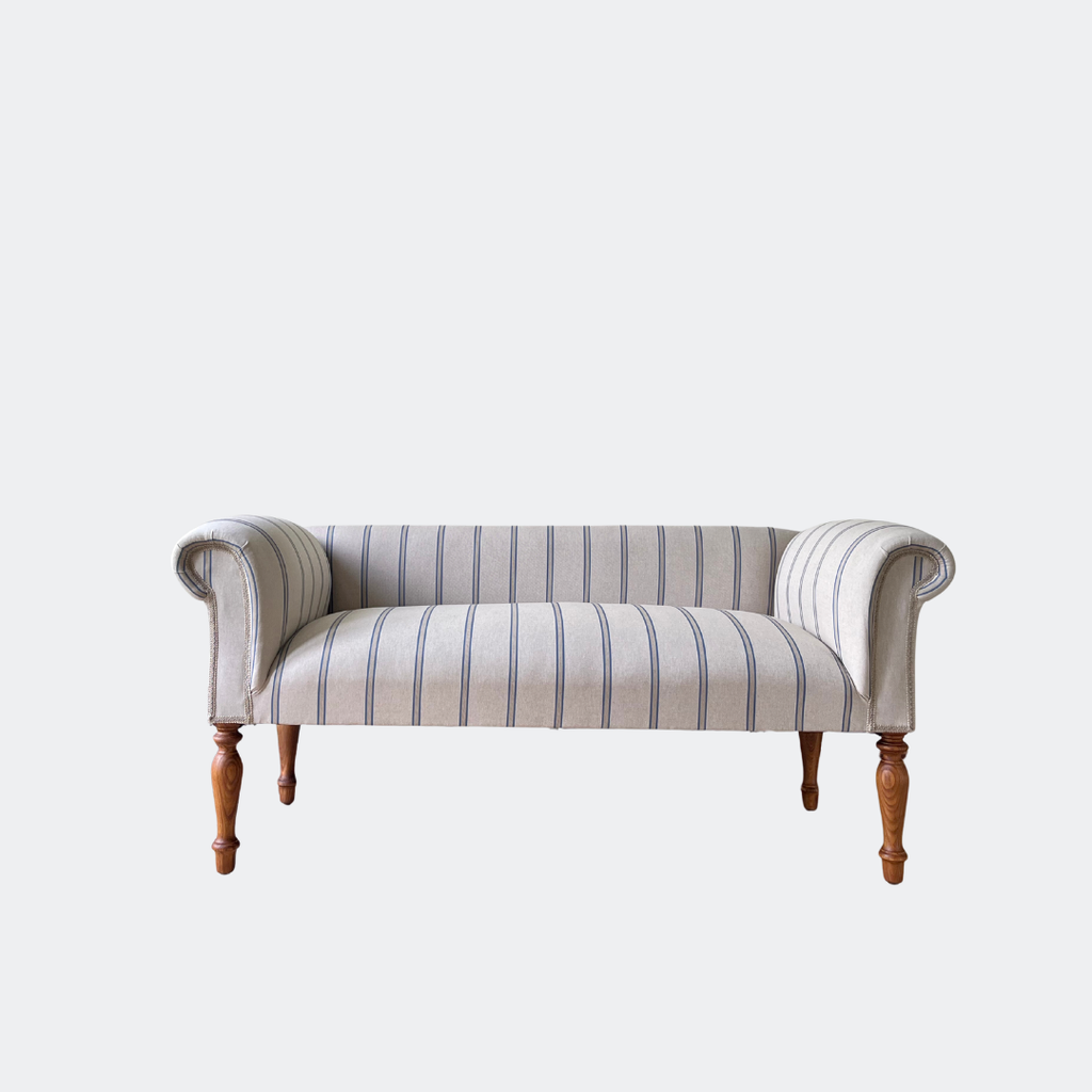 Oxford Blue Striped Chaise Sofa Bench with Scroll Arms