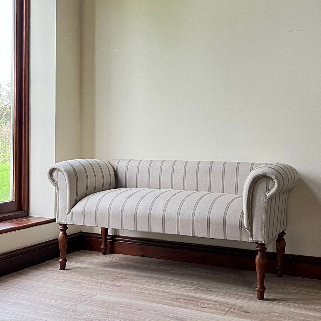 Oxford Grey Striped Chaise Sofa Bench with Scroll Arms
