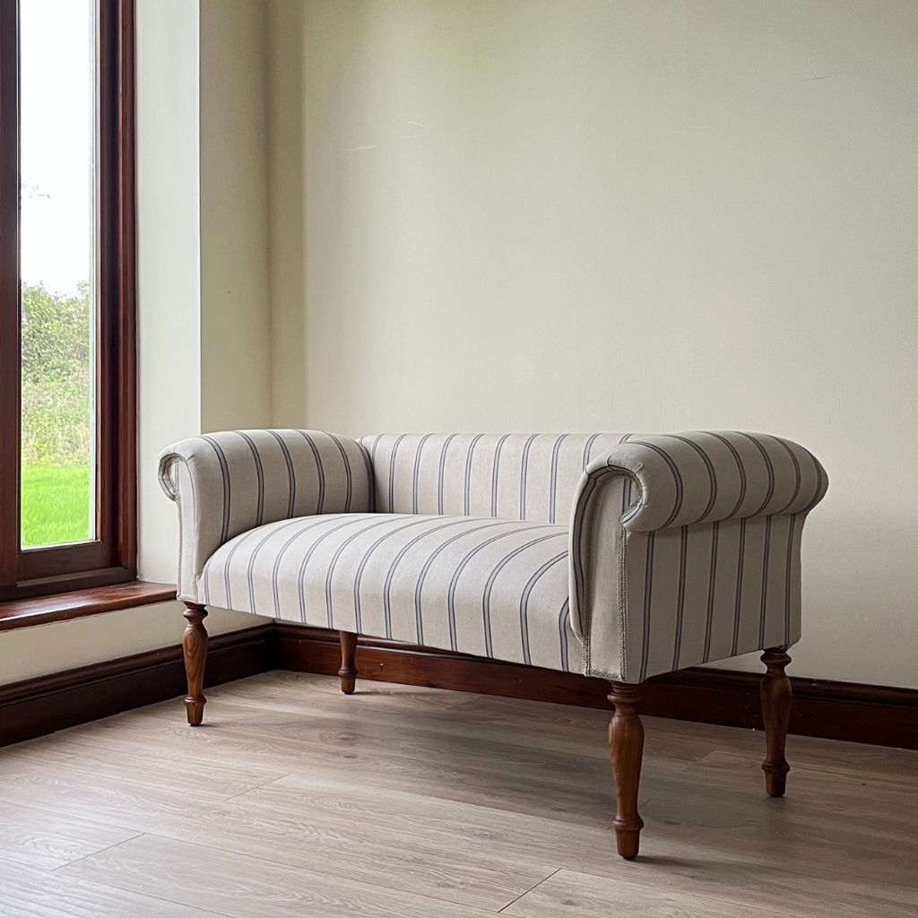 Oxford Blue Striped Chaise Sofa Bench with Scroll Arms