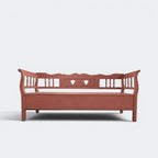 Two-metre handmade Dutch settle bench with hidden storage in distressed green solid pine, spindle sides and heart cut-outs, This Country Home Surrey