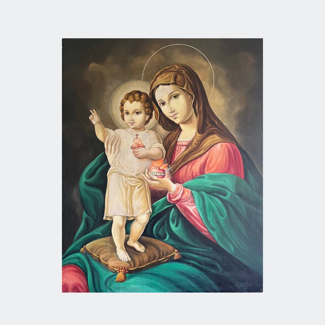Vintage Sacred Heart Madonna and Child Oil Painting