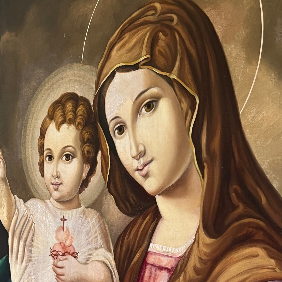 Vintage Sacred Heart Madonna and Child Oil Painting