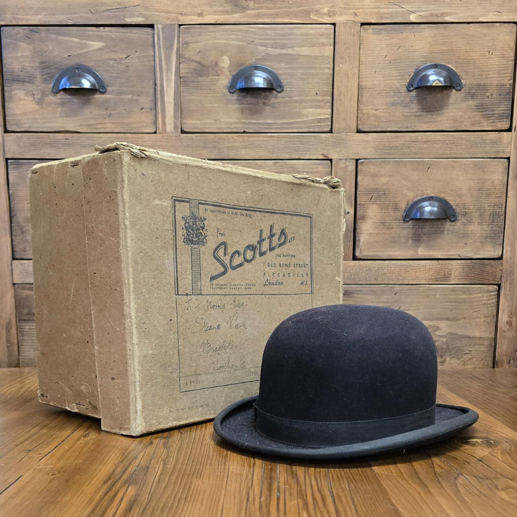 Scott's Black Bowler Hat with Square Box