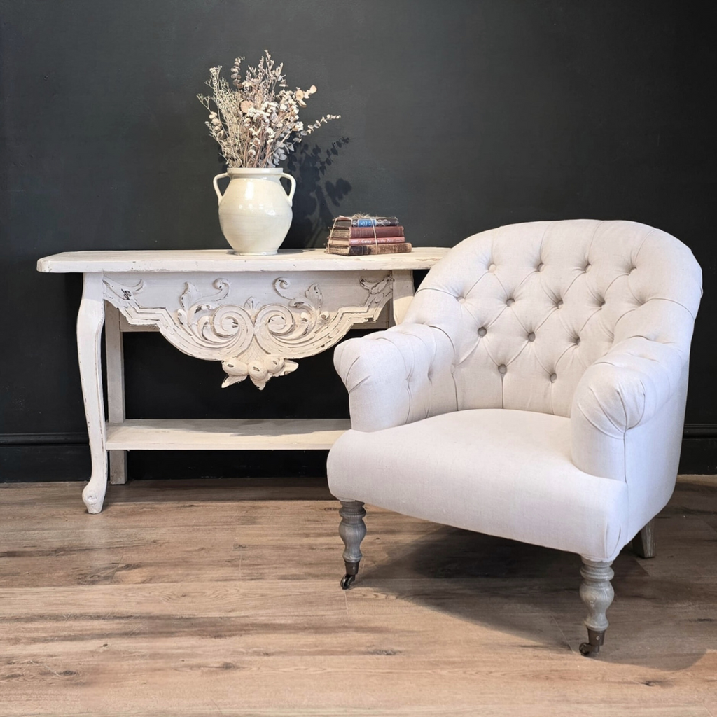 Country Home Button Linen Armchair with Castors