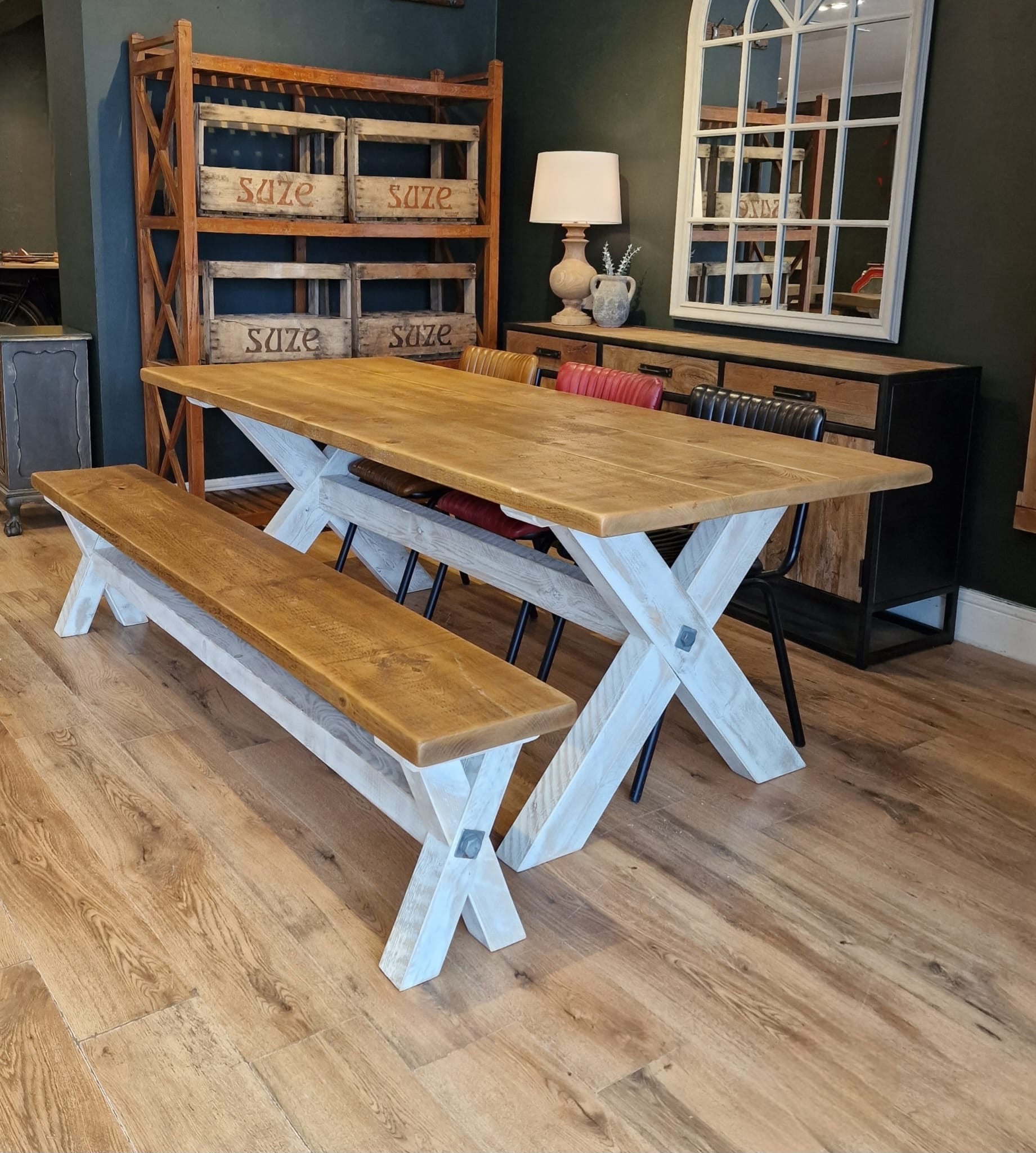 Rustic Wooden X-Frame Table Bench