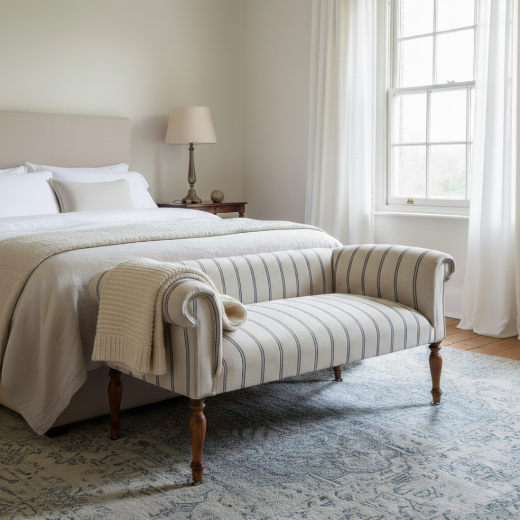 Oxford Grey Striped Chaise Sofa Bench with Scroll Arms