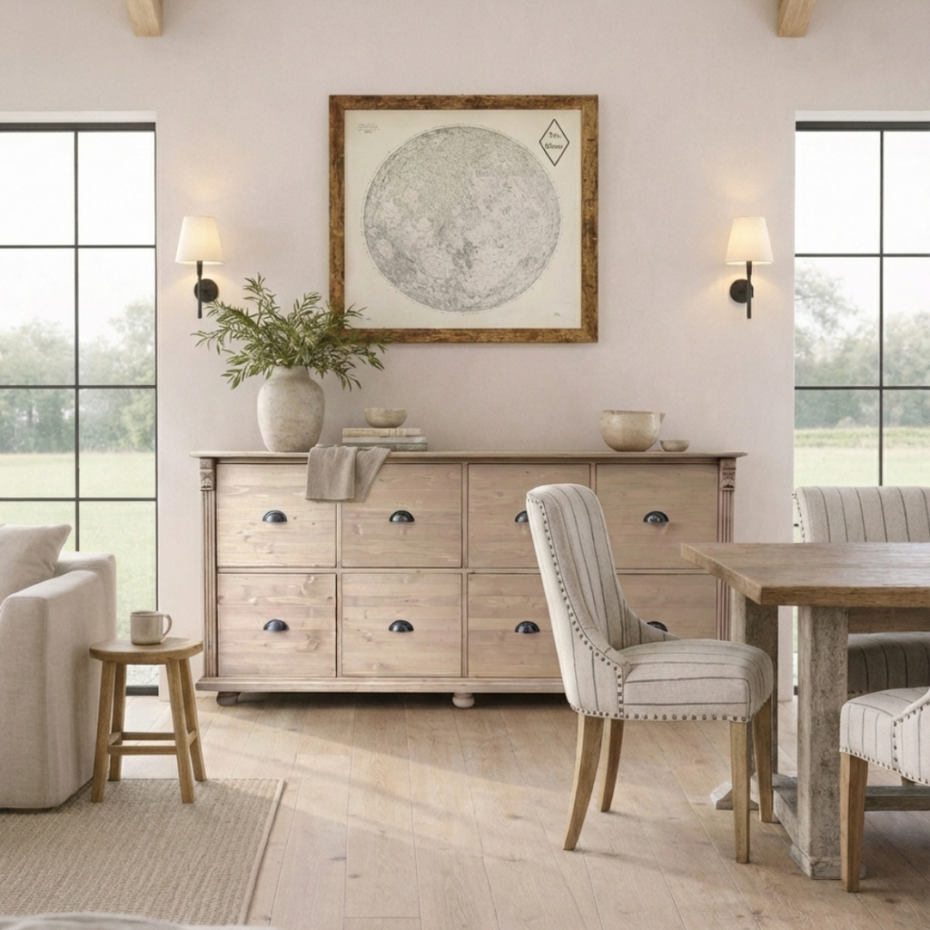 Solid wood 8-drawer apothecary chest with metal cup handles.