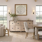 Solid wood 8-drawer apothecary chest with metal cup handles.